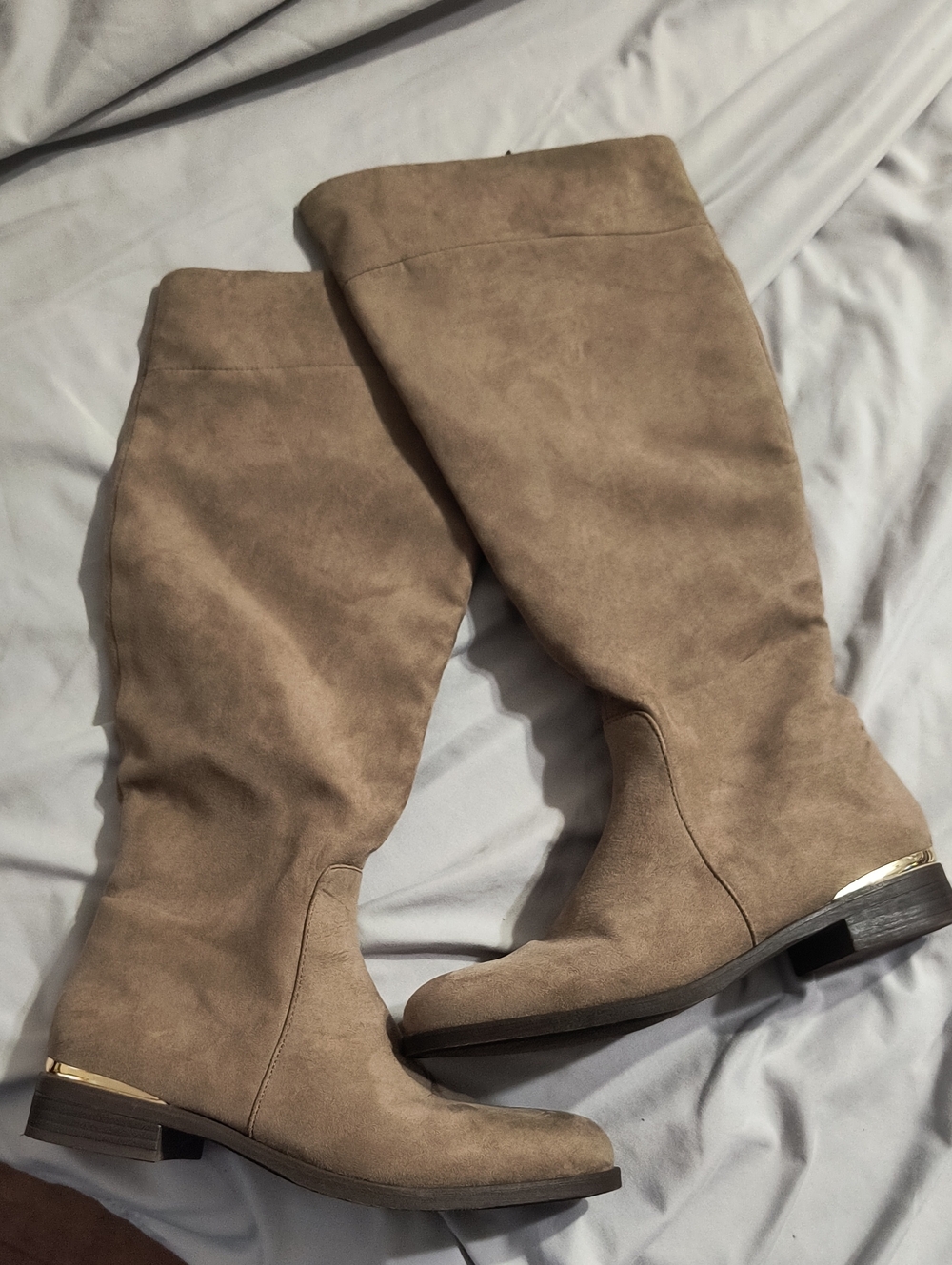 New Directions Over-the-Knee Suede Boots in Taupe with Metallic Heel Accent